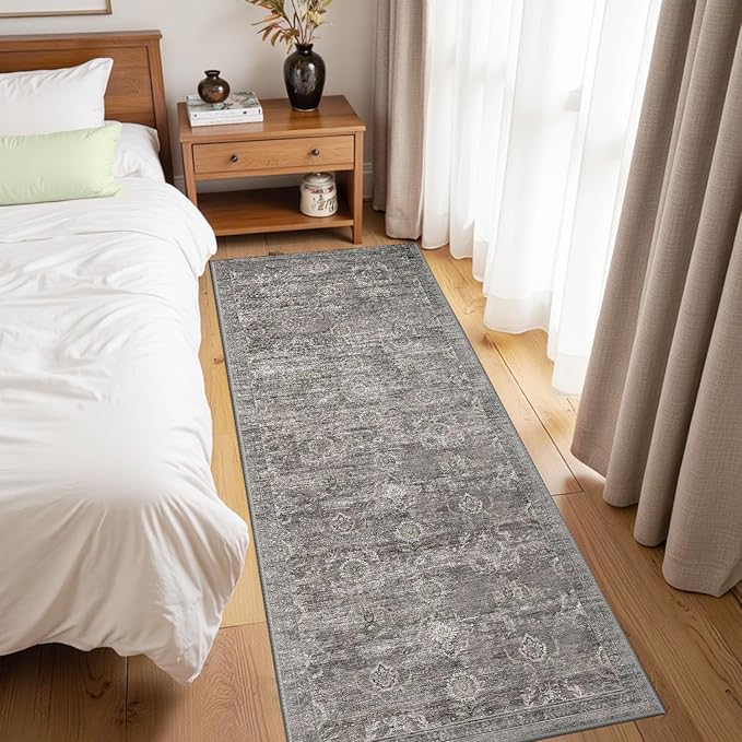 Rugxara 2x5 Runner Rug, Washable Kitchen Rugs, Grey Boho Vintage Floral Hallway Runner, Non Slip Low Pile Area Rug Carpet for Indoor Hallway, Kitchen, Laundry Room and Bathroom(Taupe/Grey 2x5ft)