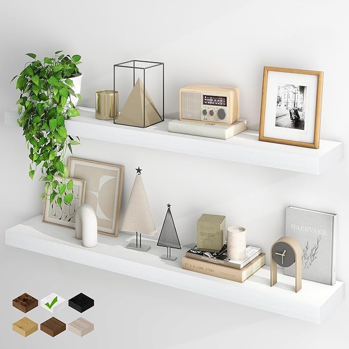 Fun Memories Floating Shelves for Wall, 48Inch Floating Shelves Set of 2, Hanging Shelf with Invisible Brackets, Wood Shelves for Living Room, Bedroom, Kitchen, White