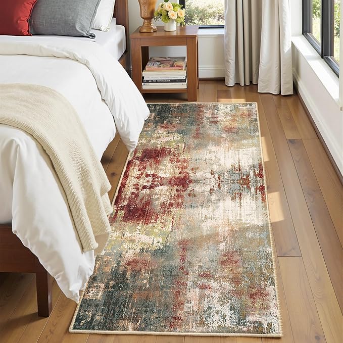 RELEANY Washable Area Rugs 2'x6' Non-Slip Modern Abstract Soft for Living Room Entryway Bedroom Nursery, Print Pattern, Brown Rust Red Green Blue Multi