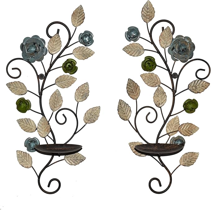 Wall Sconces Candle Holder Set of 2, Antique Multi-Color Leaf Branch Wall Mount Hanging Metal Wall Candle Holder Candle Sconce for Living Room Dining Room