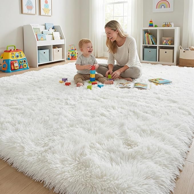 Large Area Rugs for Living Room, 9x11 Soft Fluffy Shaggy Rug, Machine Washable Non-Slip Plush Fuzzy Indoor Carpet, Aesthetic Home Decor for Bedroom, Kids Room, Nursery, Dorm, White