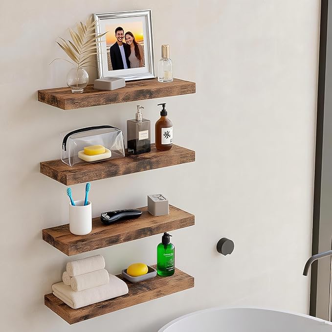 Vervida® Rustic Brown Floating Shelves for Wall Heavy-Duty Wall Storage for Bedroom/Living Room | Stylish Modern Design, Easy Install, Hidden Bracket Shelves (3 Pack)