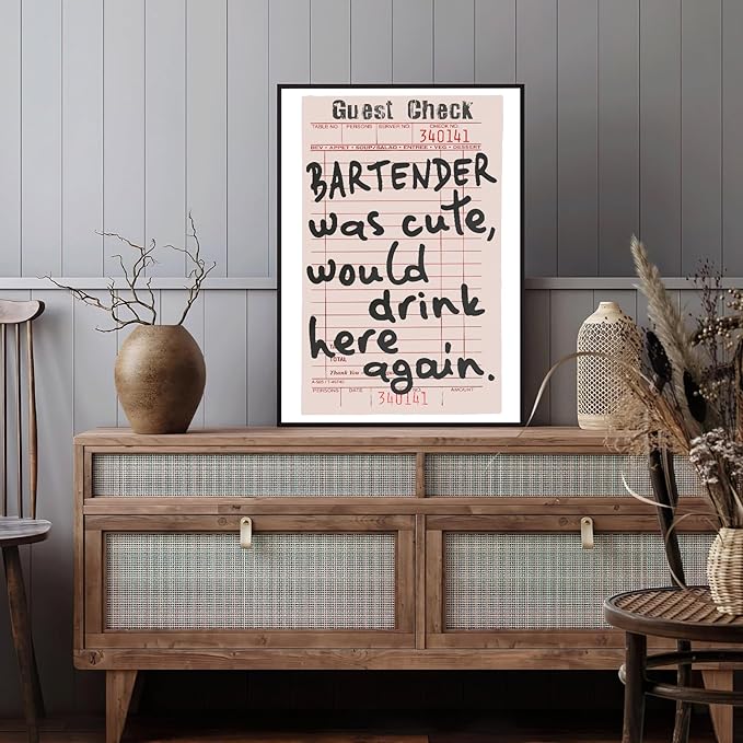 Fun Bar Canvas Wall Art, Bar Cart Accessories and Decor, Trendy Preppy Black White Retro Guest Check Wall Decor, Vintage Art Poster for Home Kitchen Wall Decoration, Unframed Artwork Prints, 16"x24"