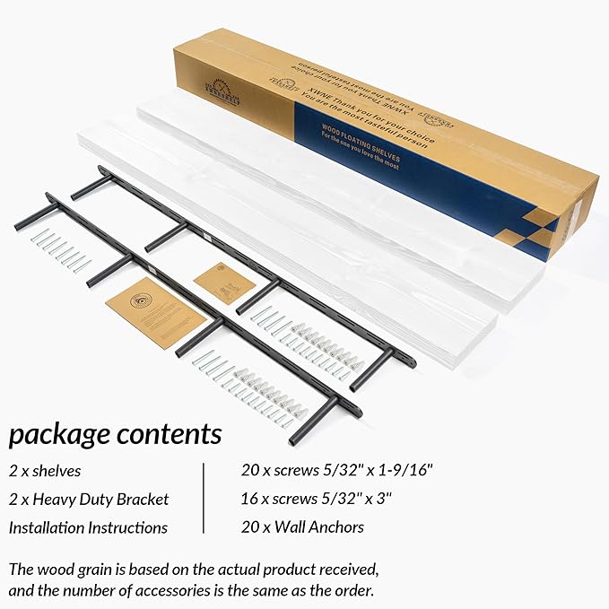 60 inch White Floating Shelves for Wall 8 -inch deep Set of 2, Heavy Duty Solid Wood Wall Mounted Shelves for Living Room Kitchen with Thickened Hidden Bracket