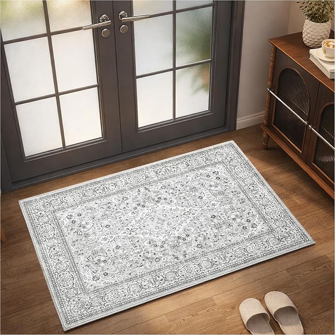 Goideal Washable Entry Rug 2x3, Gray Small Area Rugs Non Slip, Indoor Low Pile Carpet with Rubber Backing for Bathroom Kitchen Entryway Office
