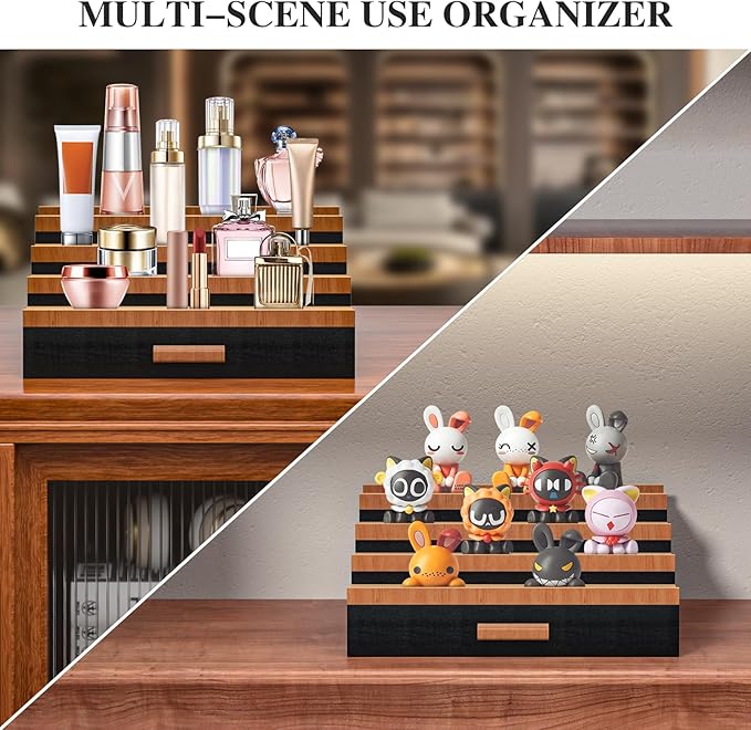 Vdamu Cologne Organizer for Men,4 Tier of Elevated Cologne Display Stand with Drawer Storage,Wood Cologne Display,Perfume Organizer and Storage Display Risers,Great Gift for Men (Black Walnut)
