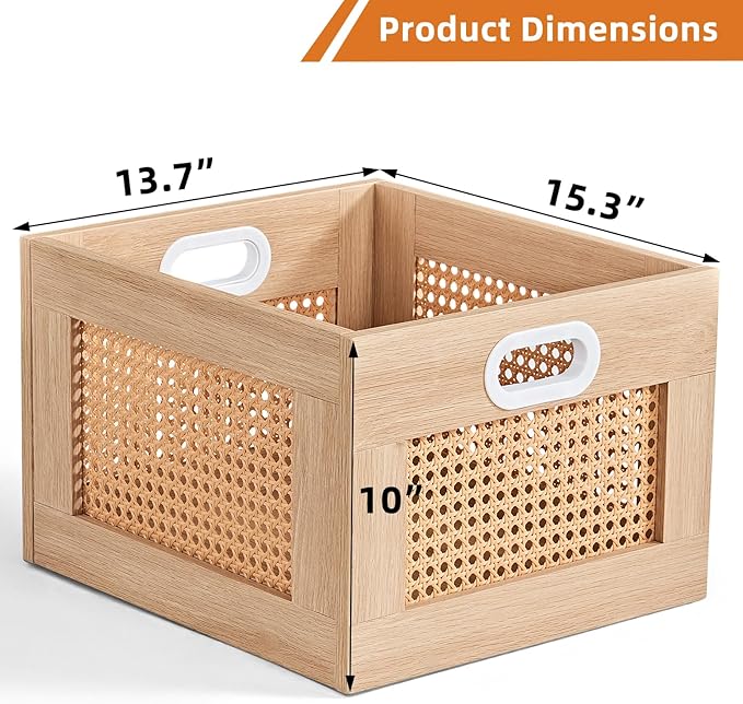 LELELINKY 2 Pack Vinyl Record Storage Crates, Rattan Vinyl Record Holder with Handle, Natural Wood Record Crate for Vinyls Holder up to 75 LP's, Desktop Cube Album Storage for Vinyls Records