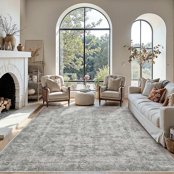 Rugxara 8x10 Area Rugs for Living Room, Large Washable Rug, Grey Vintage Abstract Boho Rug, Non Slip & Low Pile Faux Wool Carpet for Indoor Dining Room, Farmhouse and Bedroom(Grey 8x10ft)
