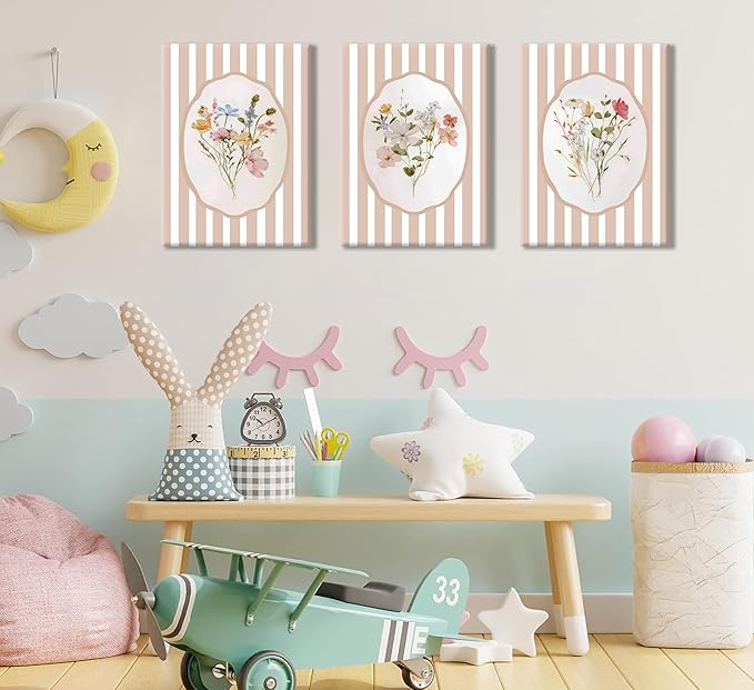 3Pcs Pink Flower Canvas Wall Art Light Pink Striped Plant Painting Picture Wall Decor Elegant wildflowers Poster Print Artwork for Bedroom Preppy dormitory Living Nursery Room Home Decoration