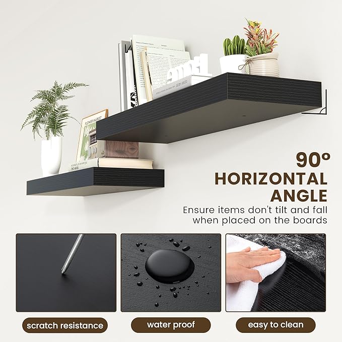 FLYJOE 12 Inch Deep Floating Shelves | 36 Inch Black Floating Shelves | 36" W x 12" D Rustic Wood Shelves for Wall | Deep Black Shelves for Living Room Bathroom Laundry Room Kitchen