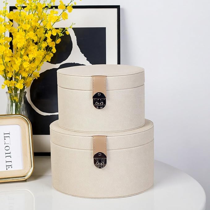Set of 2 Round White Faux Leather Decorative Boxes with Lid for Home Decor