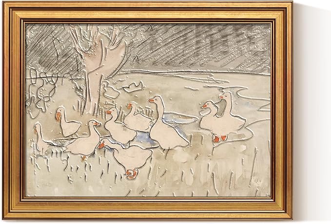 InSimSea Gold Framed Canvas Prints Textured Wall Art, 3D Embossed Vintage Decor, Farmhouse Nursery Duck Paintings, Rustic Cute Duck Wall Decor for Bedroom Living Room Shelf, 12x16inch
