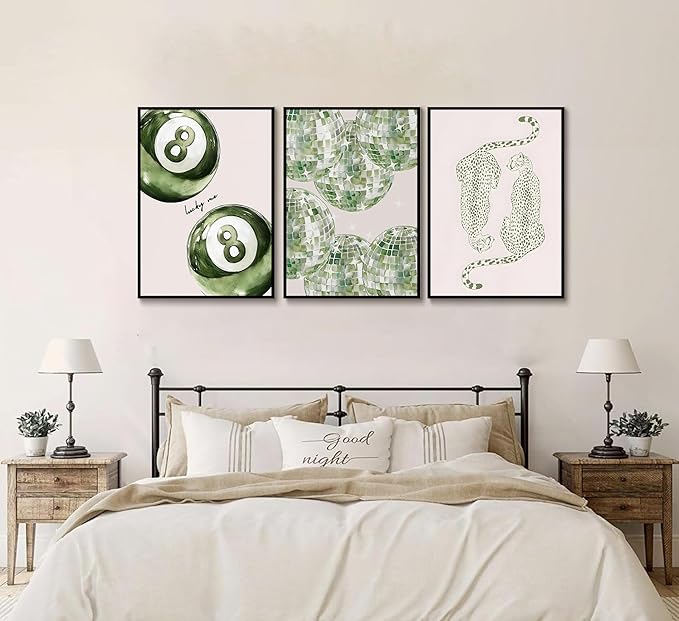 3Pcs Trendy Leopard Disco Ball Canvas Wall Art Sage Green Lucky Poster Prints Preppy Ace Cards Wall Decor pictures for Girly Bedroom Apartment Dorm Decoration Unframed
