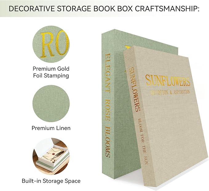 Premium Linen Decorative Book Box Set of 2 - Letter Gold Foil Embossed with Hidden Storage | Coffee Table, Bookshelf & Mantel Decor & Keepsake Organizer to Elevate Home Aesthetic,Green