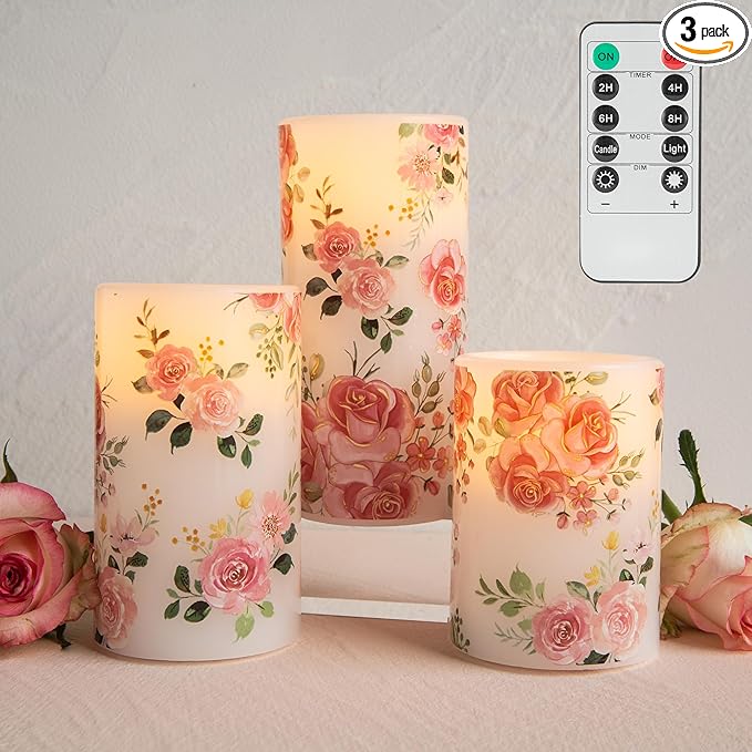 LUSHARBOR Flameless Candles with Remote, Battery Operated Candles Real Wax Pink Rose Flickering LED Candles Floral Christmas Decor Electric Pillar Candles Set of 3