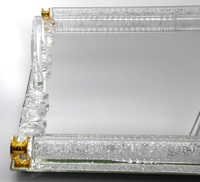 Rectangle mirrored and crystal tray cosmetic Makeup tray Jewelry trinket tray Organizer Vanity tray Mirrored Decorative tray Dresser Desert or cookie tray Perfume Skin care 15” x 10” x 3” Home decorat