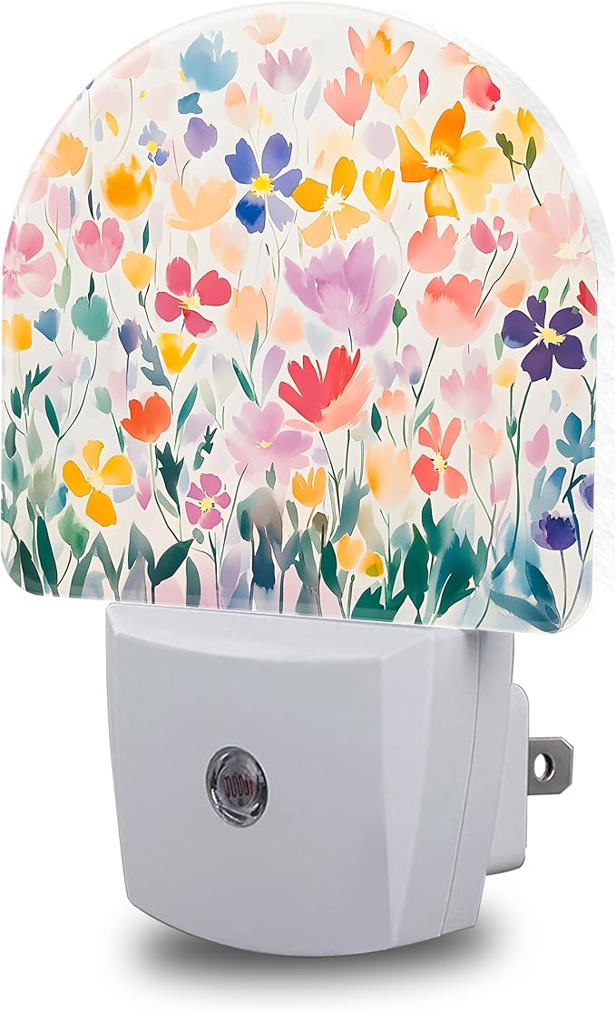 Night Lights Plug into Wall Watercolor Floral Night Light Dusk to Dawn Smart Sensor Decorative Round Led Lamp for Bedroom Kitchen Hallway Nightlight for Women Men