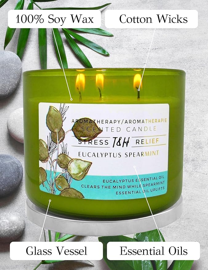 Eucalyptus Spearmint Scented Candle | 15.8 oz Large 3 Wick Soy Candle | Soothing Aromatherapy Candle for Home | Fresh Spa Scent | Long Lasting Clean Burn | Relaxation & Yoga Gift for Women & Men