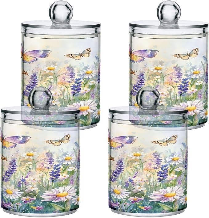 Nander 4Pack Beautiful Spring Wildflowers and Butterflies Qtip Holder Dispenser -Clear Plastic Apothecary Jars Set - Restroom Bathroom Makeup Organizers Containers for Cotton Swab, Ball, Pads, Floss
