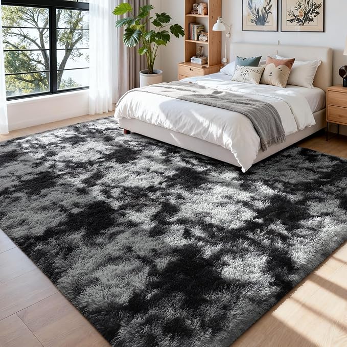Modern Soft Fluffy Small Shaggy Rug for Bedroom Livingroom Dorm Kids Room Indoor Home Decorative, Non-Slip Plush Furry Fur Area Rugs Comfy Nursery Floor Carpet 7X10 Feet,Tie-Dyed Deep Grey