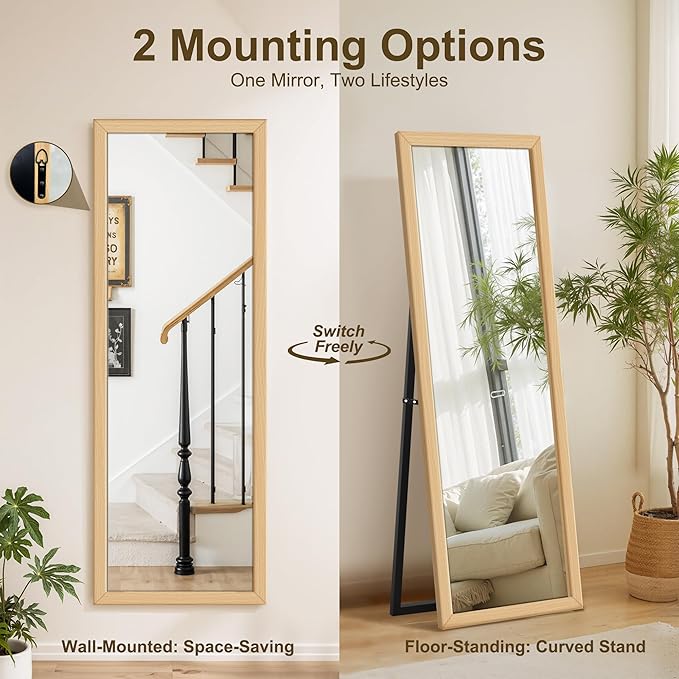 Delma Wall Full Length Mirror, Standing Mirror Full Body, Large Floor for Wall Door Bedroom Bathroom Living Room with Wooden Frame(with Stand,56x20)