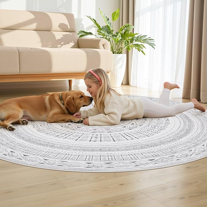 cotiled 6x6 Round Area Rug Living Room: Washable Boho Rugs with Non Slip Backing Large Soft Indoor Stain Resistant Carpet for Bedroom Farmhouse Dining Room Lightweight Home Decor Dark Grey