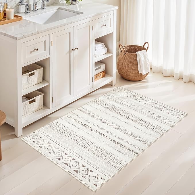 cotiled 3x5 Area Rug Living Room: Washable Boho Rugs with Non Slip Backing Small Soft Indoor Stain Resistant Carpet for Bedroom Farmhouse Dining Room Lightweight Home Decor L Brown/Cream