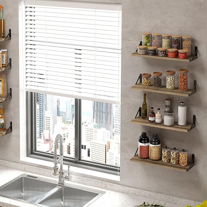 Fixwal Shelves for Room Wall, Width 4.7in Rustic Wood Wall Storage, Floating Shelves for Bedroom, Living Room, Kitchen, Bathroom, Office Decor and Plants Display (Set of 8 Carbonized Black)