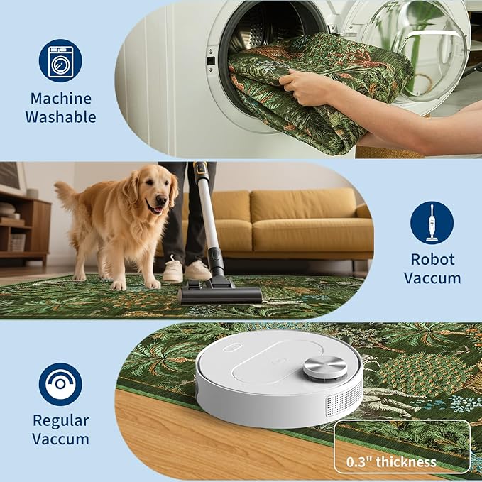 GarveeHome Jungle Round Washable Rugs 4ft Non-Slip Soft Round Rug for Kids Room, Forest Animal Print Tiger Circle Carpet for Bedroom Entryway Playroom Nursery, Dark Green