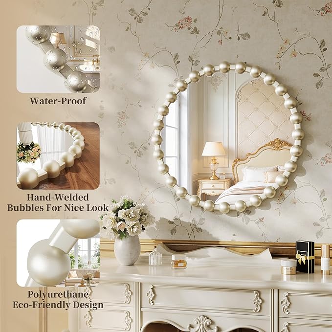 Round Vanity Wall Mirror, 24 Inch Beaded Frame Circle Mirror for Bathroom, Bedroom Dresser, Entryway, Living Room, Decorative Hanging Wall Mirror, Silver