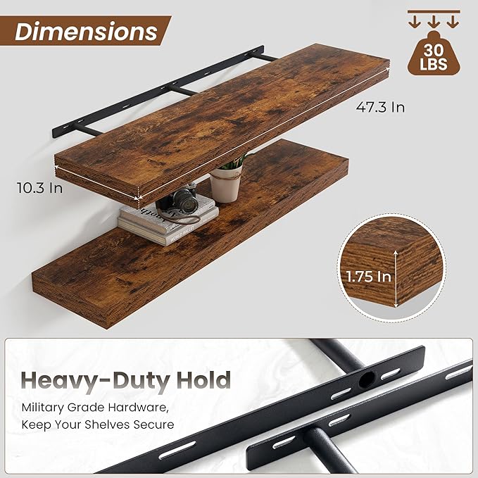 Heimlove Floating Shelves for Wall 48 Inch Long,Extra Large and Thick Wood Shelves Mounted Storage Hanging Shelf Invisible Bracket for Bedroom,Living Room,Kitchen,Office,Rustic Brown