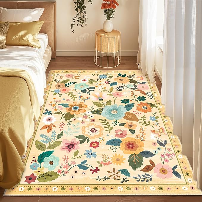 RELEANY Floral Nursery 4x6 Area Rugs Washable Print Boho Cute Carpet Non Slip Flower Low Pile for Living Room Kids Girls Playroom Bedroom Kitchen Office Farmhouse-Ivory/Yellow