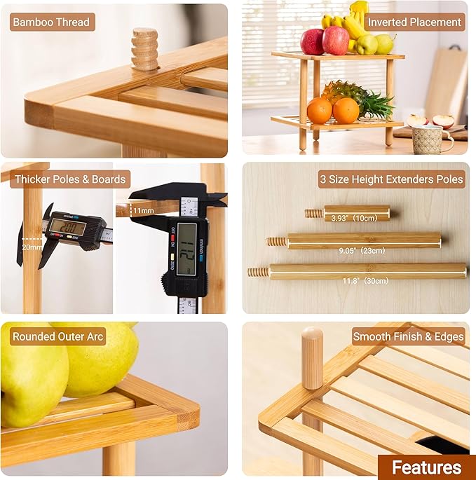 2-Tier Expandable Bamboo Corner Shelf - Dish/Plate Organizer for Cabinet, Kitchen Counter Shelf & Small Kitchen Shelf, Adjustable (1, Natural, 6.7" H-Large)
