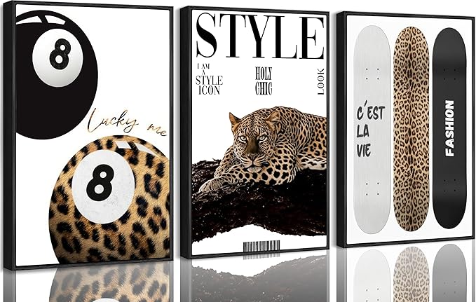 3Pcs Black Framed Trendy Leopard Wall Art Preppy Aesthetic Stylish Leopard Painting Picture Wall Decor Funky Lucky 8 Ball Cheetah Poster Print Artwork for Bedroom Living Room Bathroom Home Decoration