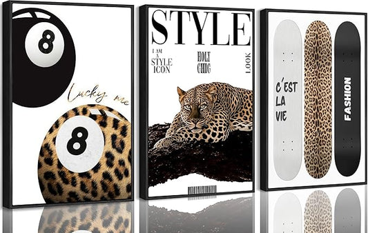 3Pcs Black Framed Trendy Leopard Wall Art Preppy Aesthetic Stylish Leopard Painting Picture Wall Decor Funky Lucky 8 Ball Cheetah Poster Print Artwork for Bedroom Living Room Bathroom Home Decoration