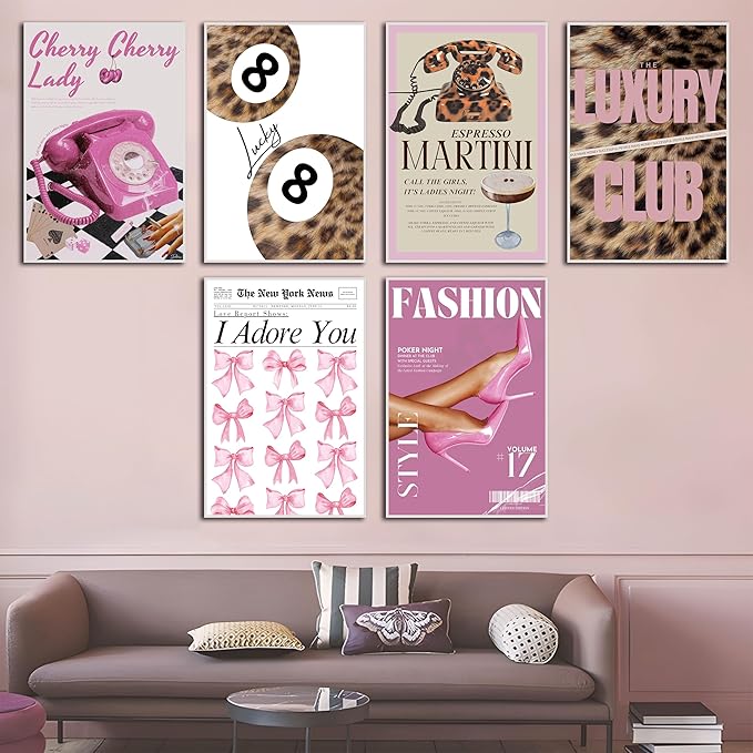 ZxXzkwpP Pink Cheetah Print Room Decor Poster, Trendy Fashion Leopard Print Wall Art Aesthetic Lucky 8 Ball Poster Coquette Preppy Y2k Red Funky Art For Bedroom (Pink 16x24x6 Unframed)