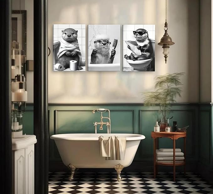 3Pcs Framed Cute Otter Canvas Wall Art Black And White Animal Poster Print Funny otter bathing and reading newspaper Picture Painting Wall Decor for Bathroom Restroom Home Decoration