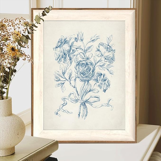 ASTRDECOR Framed Vintage Wall Art for Bathroom, Botanical Blue Wall Art for Home Decor Aesthetic, Victorian Blue Rose Bouquet Sketch Painting Floral Canvas Art Prints, Antique Flower Pictures for Living Room - 12''x16''