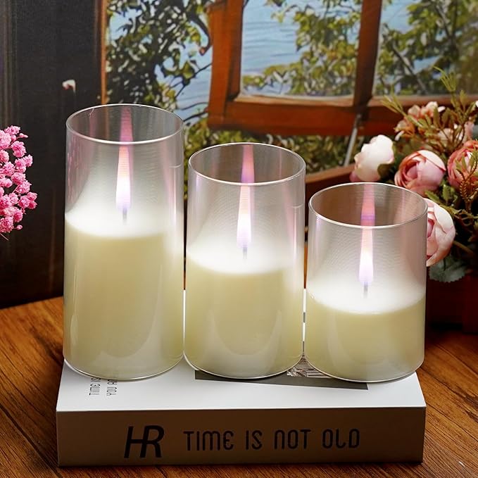 kakoya Flameless Candles Upgraded Realistic Flickering Flame,Battery Operated LED Candles with Remote Timers,Acrylic Electric Candles Set of 3(D 3" xH 4" 5" 6")（Ivory）