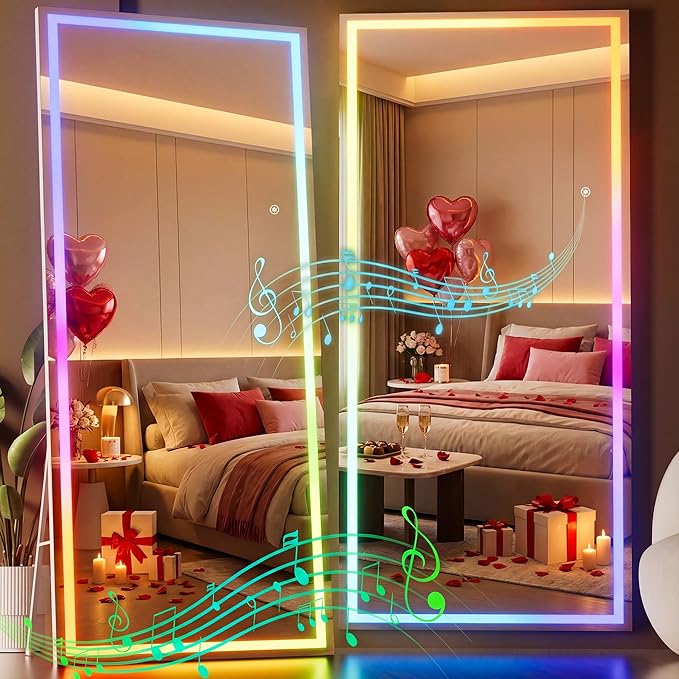 Hasipu 79"x31" LED RGB Bluetooth Full Length Mirror with Lights, Full Body Mirror with Stand, Wall Mount & Free Standing Floor Mirror for Bedroom Living Room Cloakroom, 7 Color & Brightness Adjustable