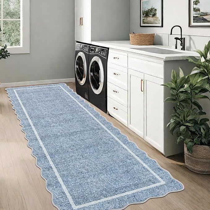 GarveeHome Scalloped Washable Runner Rug 2x10 Non Slip Kitchen Rugs Modern Blue Indoor Entryway Rug Farmhouse Soft Bath Mat Stain Resistant Carpet for Bedroom Hallway Laundry 2'x10' Blue