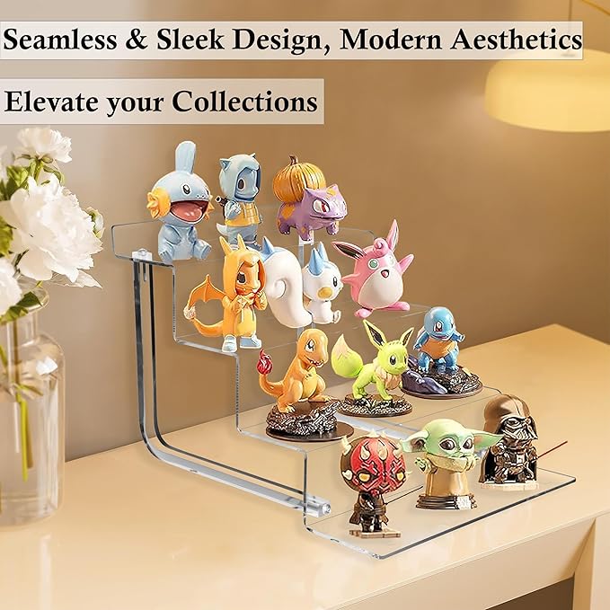 AMT Acrylic Riser Display Stand, 100% Acrylic Clear 4-Tier Organizer for Figures, Cupcake, Perfume, Sunglasses (9 inch x 2.4 inch) 1-pack
