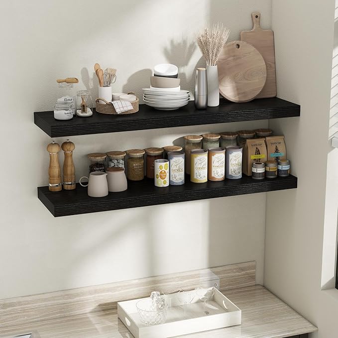Fun Memories 12 Inch Deep Floating Shelves, 48 x 12 Floating Shelves for Wall Set of 2, Extra Deeper Hanging Wood Wall Shelves for Bedroom, Living Room, Kitchen, Black