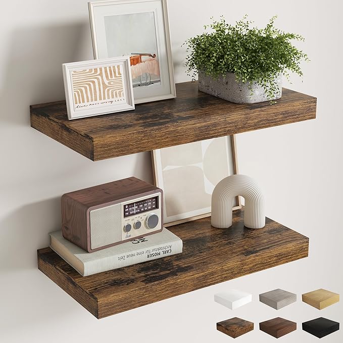 12 Inch Deep Floating Shelves for Wall, 24 x 12 Rustic Wood Grain Bathroom Shelves with Invisible Brackets, Easy Install Wood Storage Shelves for Kitchen, Living Room, Bedroom, Rustic Brown, Set of 2