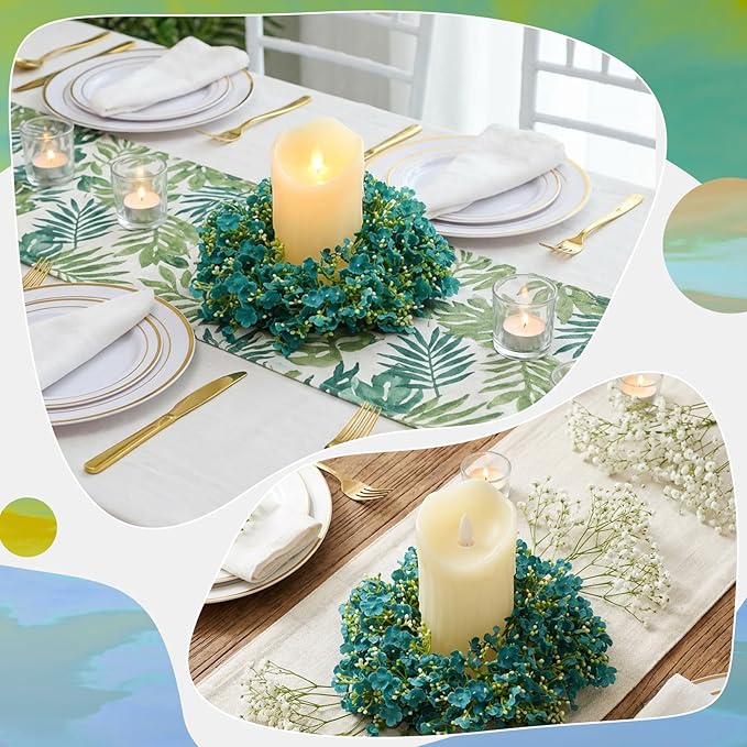 Daifunli 2 Pcs Baby's Breath Candle Rings Artificial Peacock Blue Floral Wreaths for Pillar 3.9 Inch Candles Holder for Spring Summer Home Office Wedding Rustic Table Centerpiece Decor