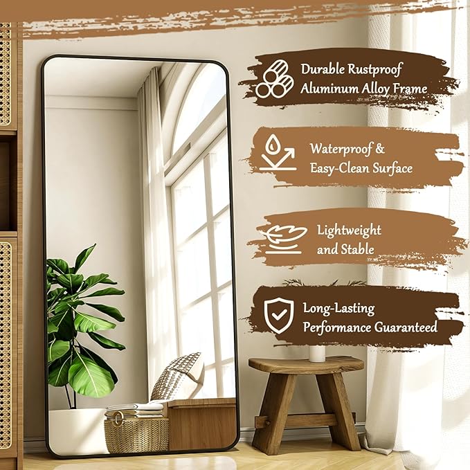 XRAMFY 76"x34" Floor Full Length Mirror Standing Full Body Rounded Corner Rectangle Mirrors with Stand Hanging Wall Mounted Leaning Bedroom Living Room Bedroom Cloakroom,Black