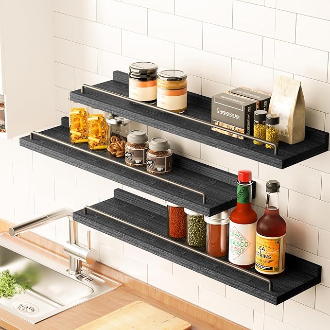 RYOFOBETTO 22 inches Long Floating Shelves, Bathroom Decor Shelves Over Toilet, Farmhouse Wall Shelves for Living Room, Bedroom, Picture Frames, Plants, Kitchen, Set of 3 (Black)