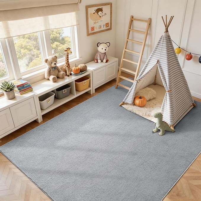 FinRèc 6x9 Washable Area Rugs for Bedroom Living Room, Low Pile Thin Rug Solid Color, Non-Slip Carpet Indoor for Home Decor (Pure Light Grey)