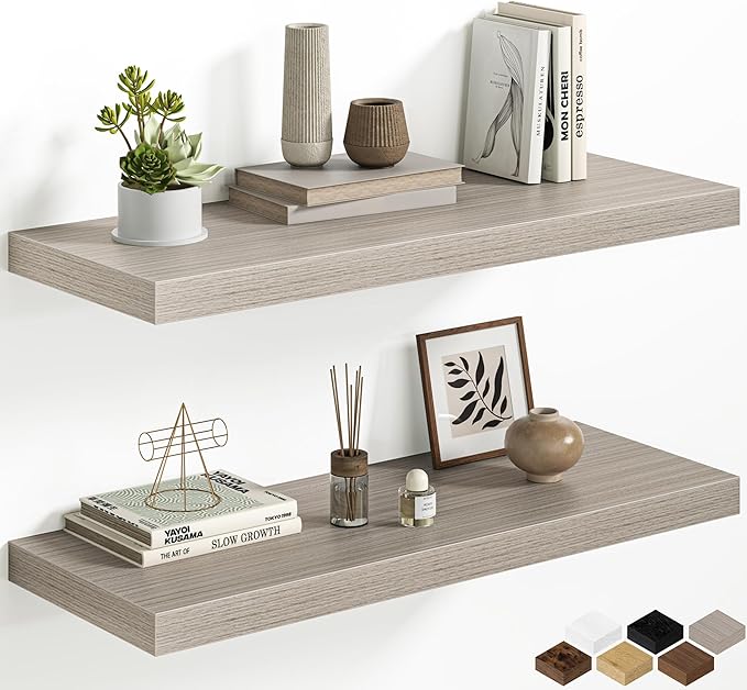 12 Inch Deep Floating Shelves, 32W x 12D Floating Shelf for Books, Rustic Wood Deep Wall Shelves for Home Storage & Display, 1.5" Thicked Shelves for Kitchen, Living Room, Bedroom, Gray, 2 Pack