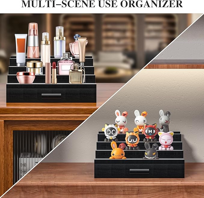 Vdamu Cologne Organizer for Men,4 Tier of Elevated Cologne Display Stand with Drawer Storage,Wood Cologne Display,Perfume Organizer and Storage Display Risers,Great Gift for Men (Black)